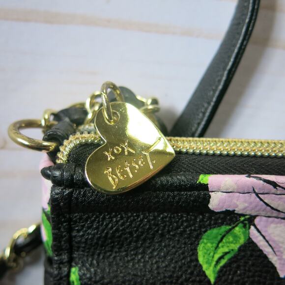 BETSEY JOHNSON Mini Cross Body Purse Wallet Bag Black/Roses Chain Strap - Picture 6 of 12